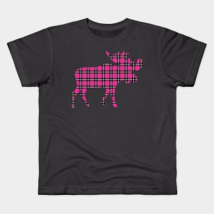 Pink Plaid Moose Kids T-Shirt